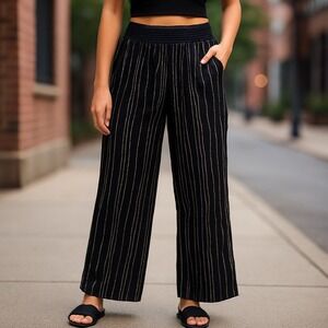 Nwt Life Style Striped Smocked Waist Casual‎ Pants Wide Leg Black White M
